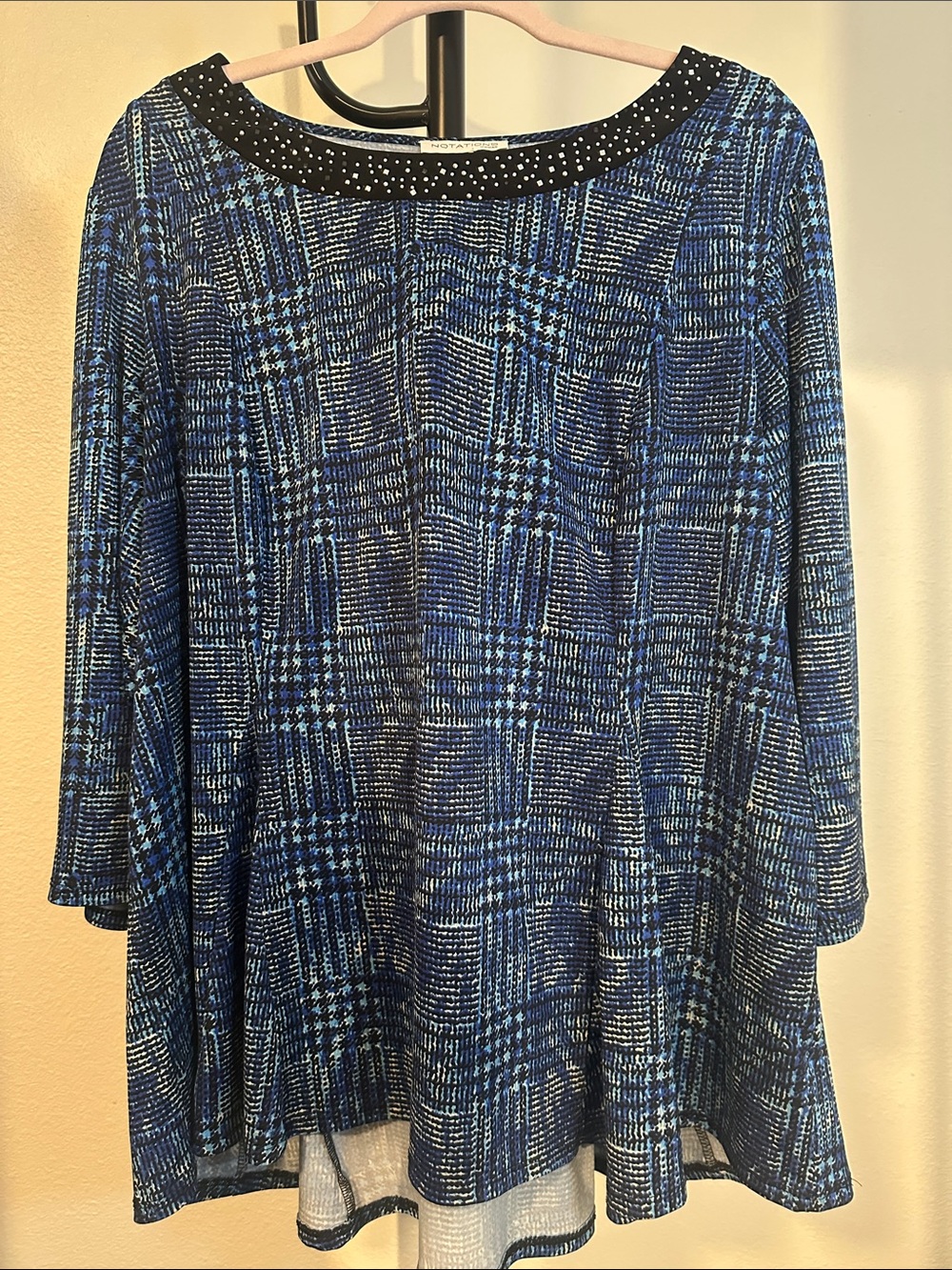Notations Blue Multi-Tone Patterned Tunic with Black Dot Trim